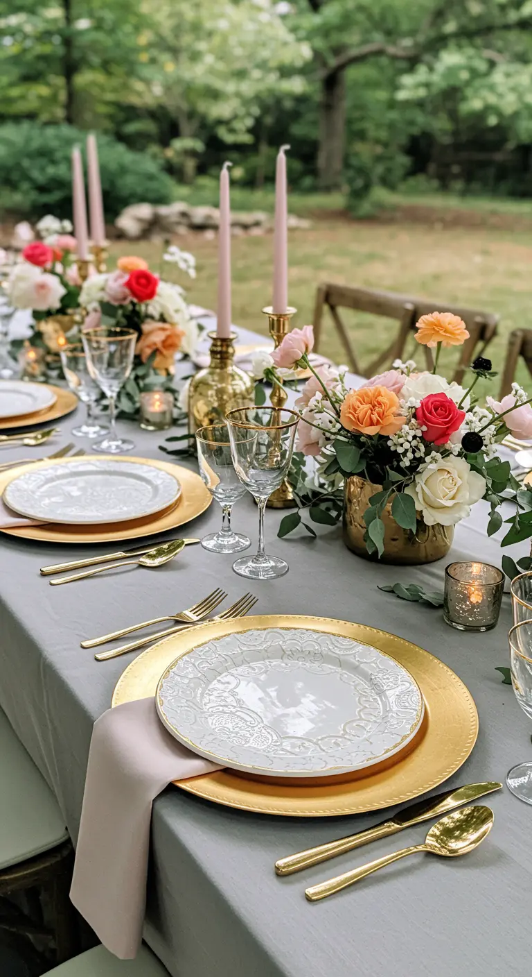 A beautiful place setting with a white plate featuring an embossed lace pattern on a gold charger.