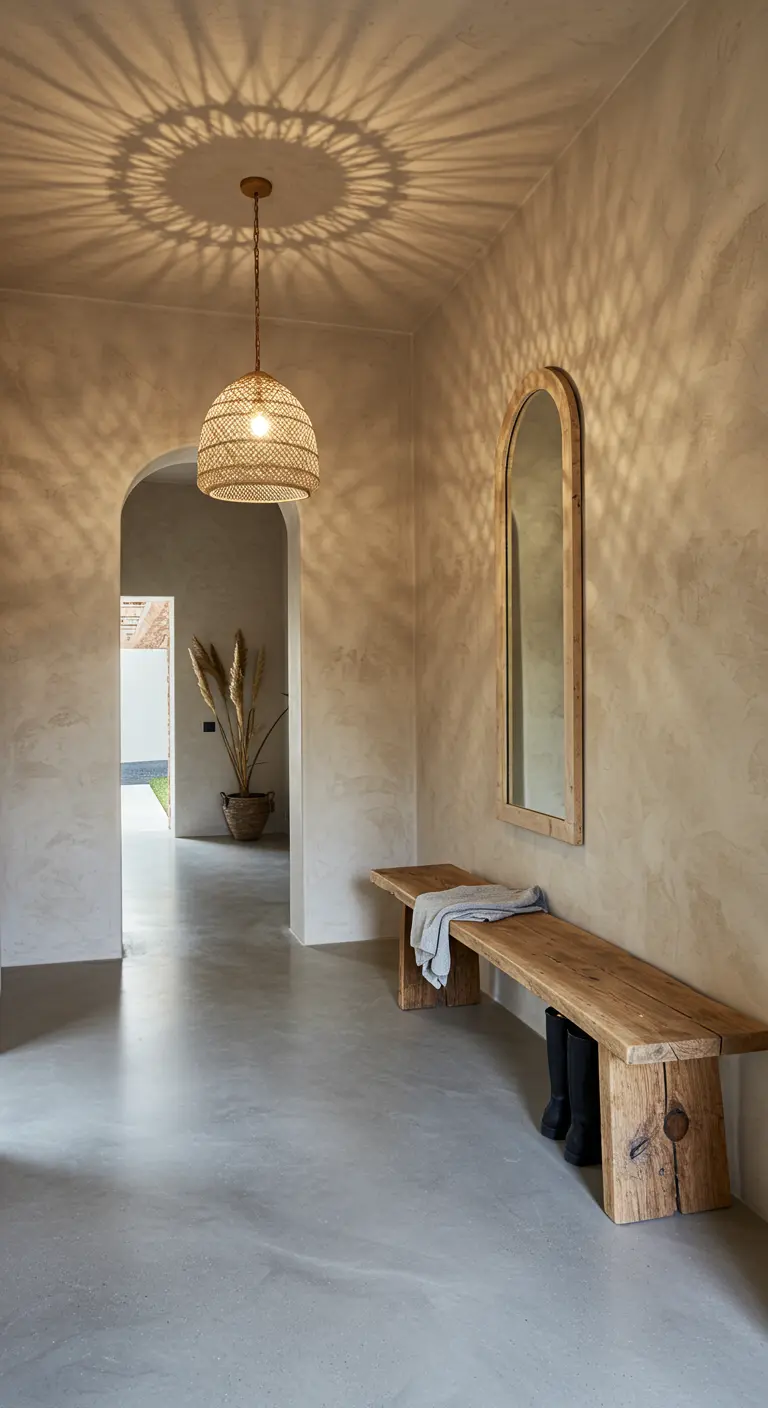 Entryway with plaster walls, a woven pendant casting light patterns, and a rustic wood bench.