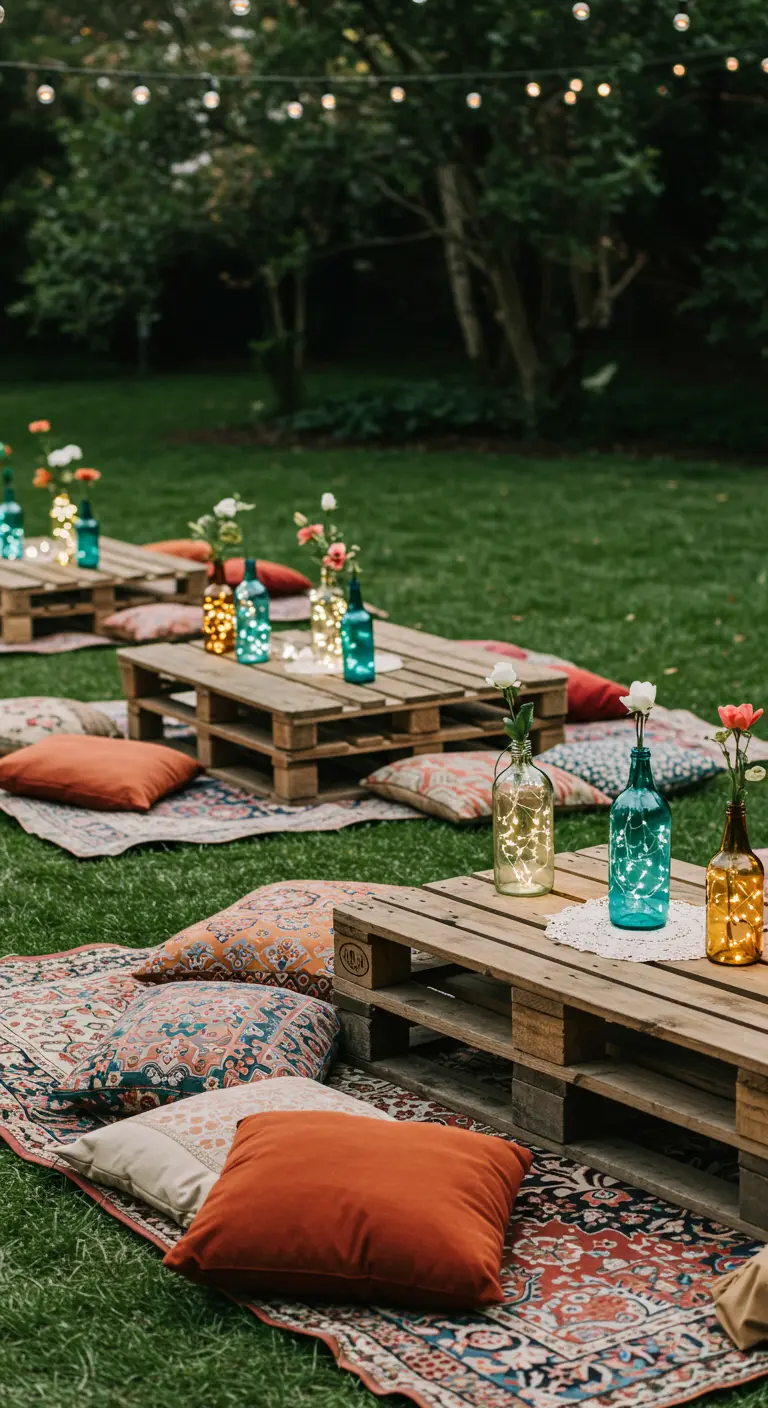 A bohemian picnic setup with fairy lights inside colorful glass bottles on pallet tables.
