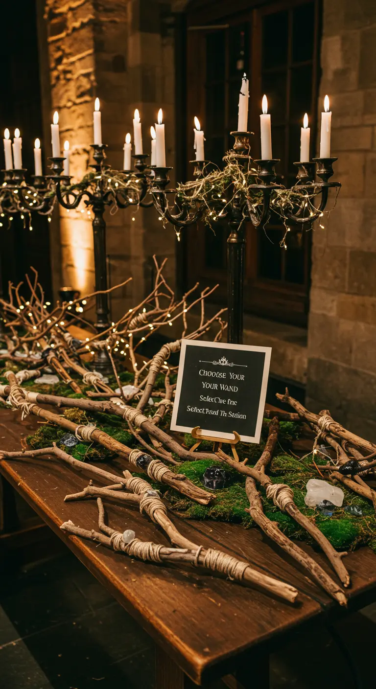 A table displaying handmade wooden wands, moss, and a sign that says 'Choose Your Wand'.