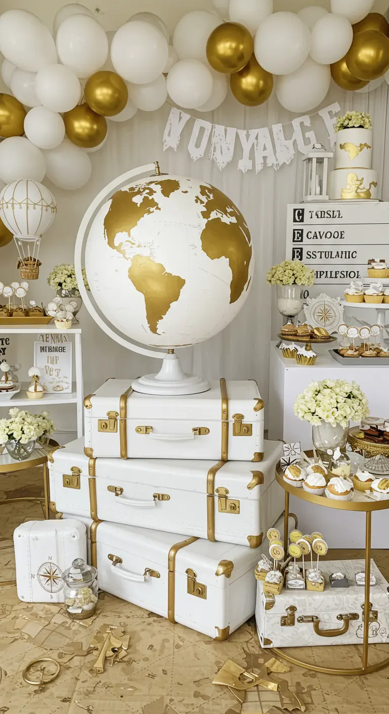 A travel-themed party display with stacked white suitcases, a white and gold globe, and a balloon garland.