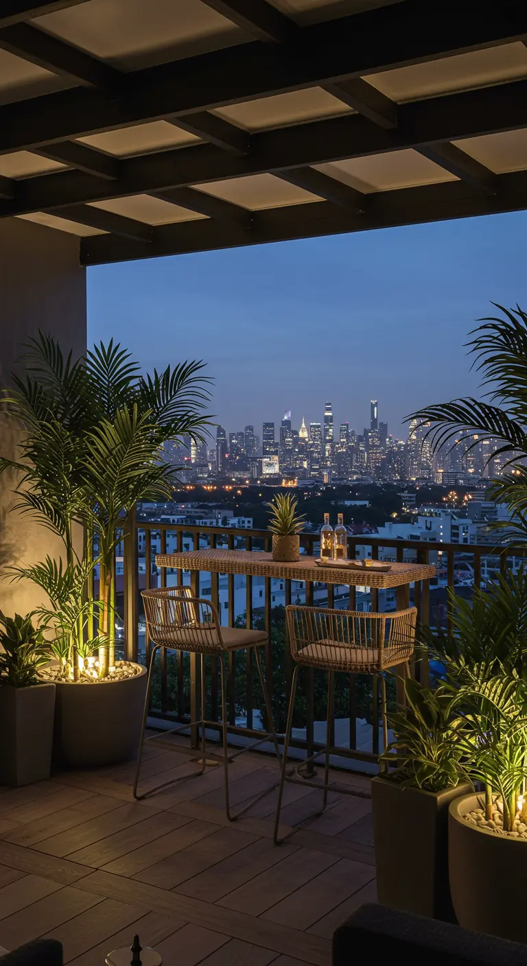 A high-rise balcony at night with a bar-height table overlooking the city skyline.