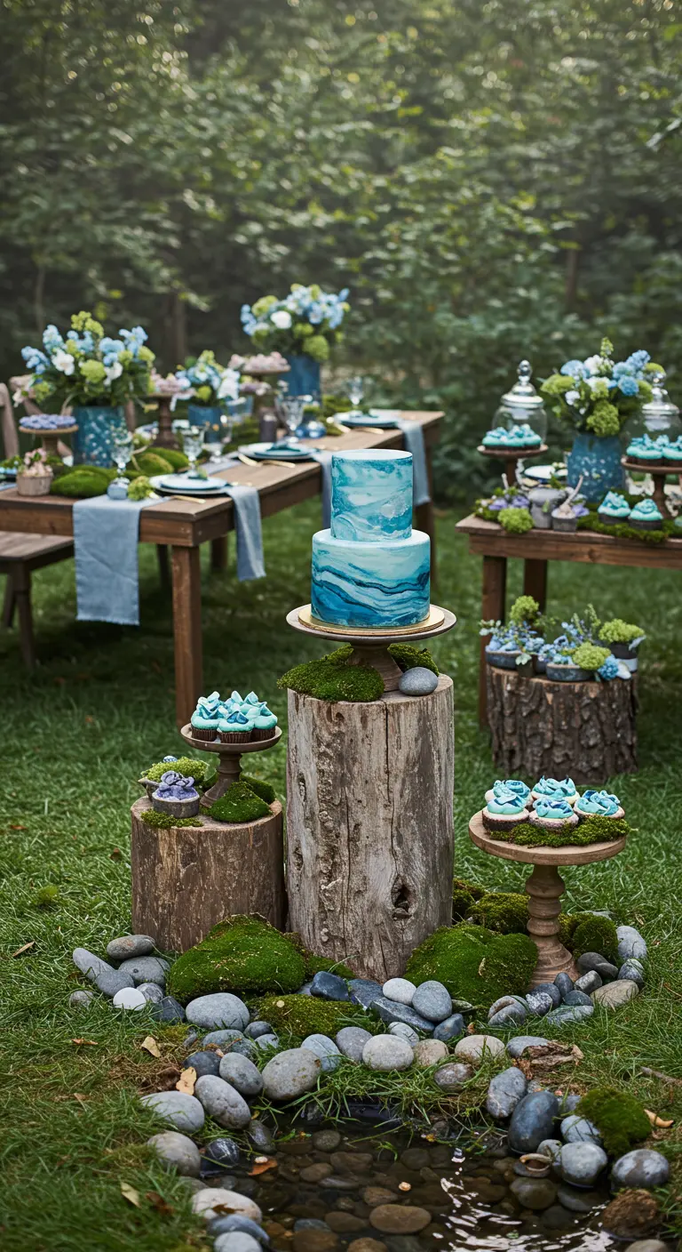 Woodland dessert display styled like a riverbank with a blue cake, moss, and stones.