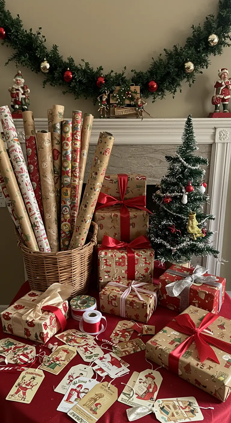A festive gift wrapping station with vintage-patterned paper, ribbons, and tags.