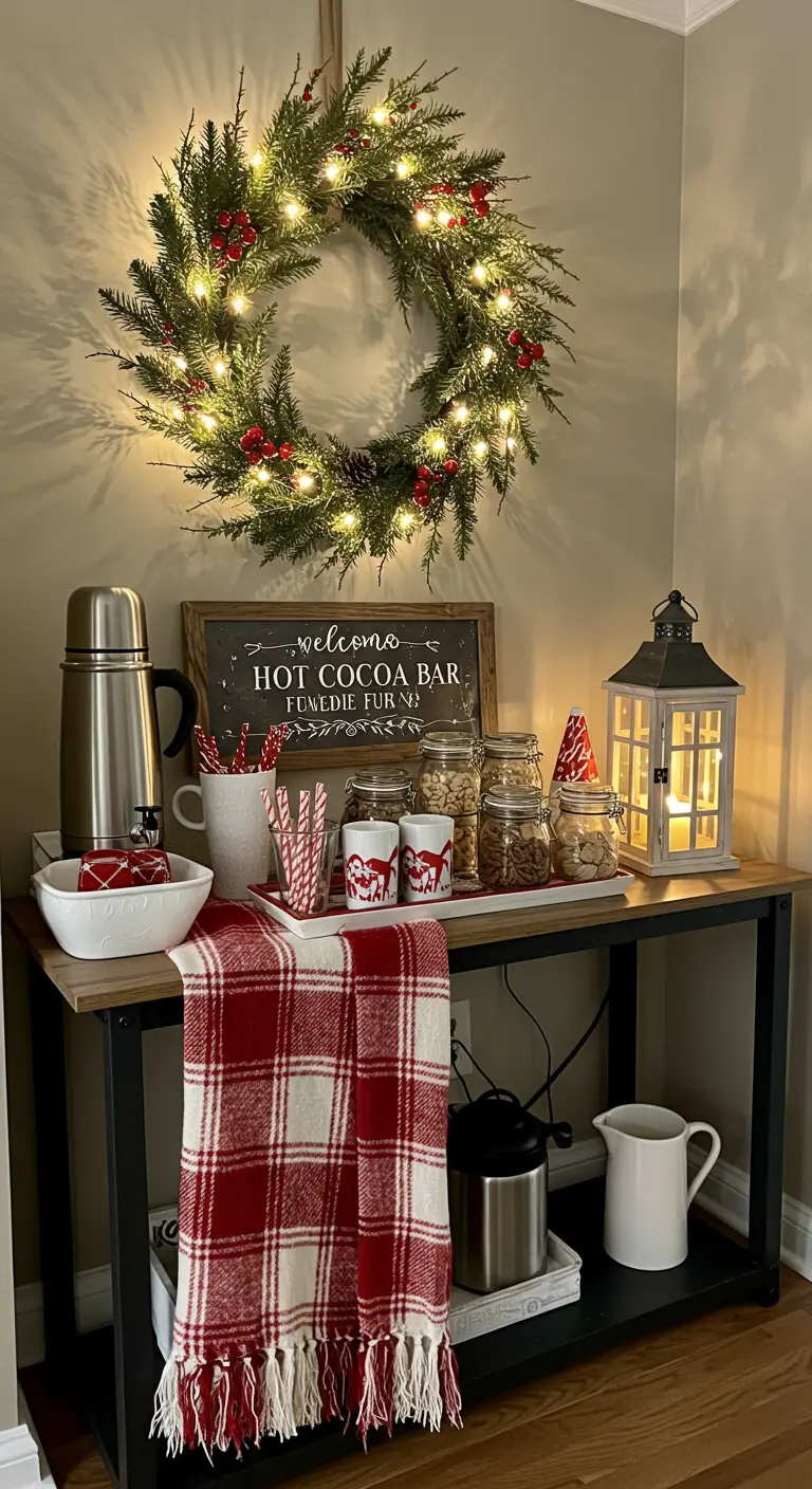 Entryway console table styled as a hot cocoa bar with a lit wreath above it.