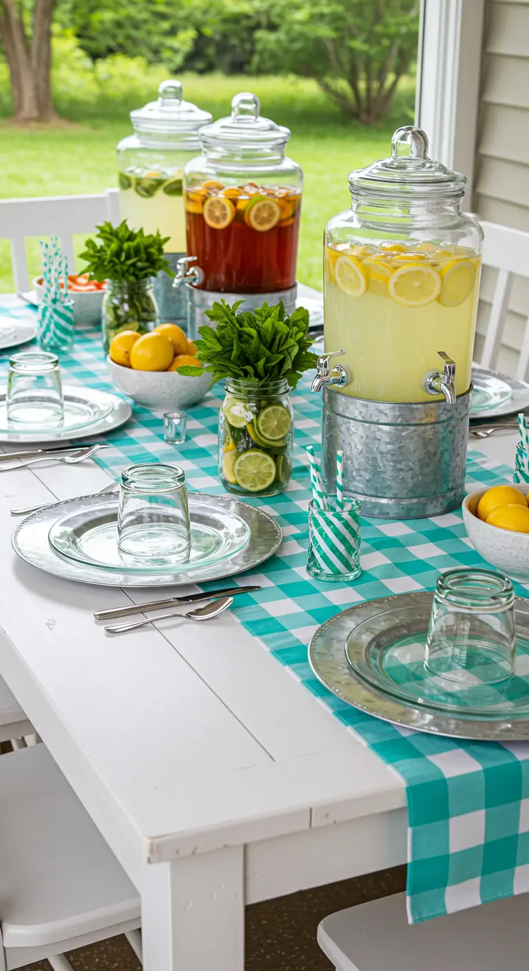 Summer drink station with large glass dispensers on a table with a turquoise check runner.