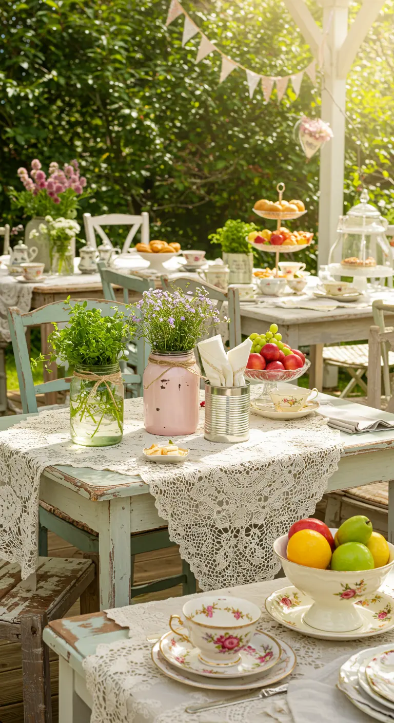 Outdoor tea party with vintage chairs, lace tablecloths, and jars/cans decorated with flowers and napkins.