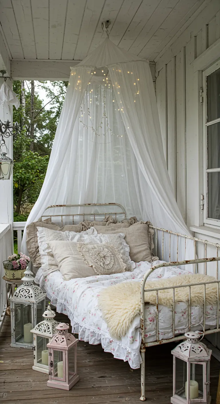 A white vintage daybed on a porch with a sheer fairy light canopy and pink lanterns.
