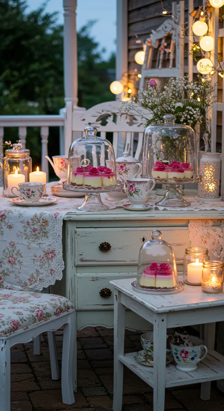 A shabby chic dessert display on a white distressed dresser with floral patterns and candles.