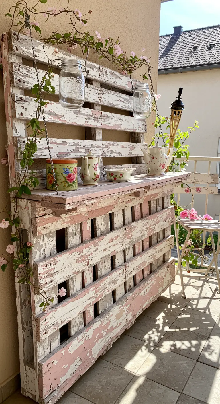 A shabby-chic pallet bar with peeling white and pink paint, decorated with climbing flowers.