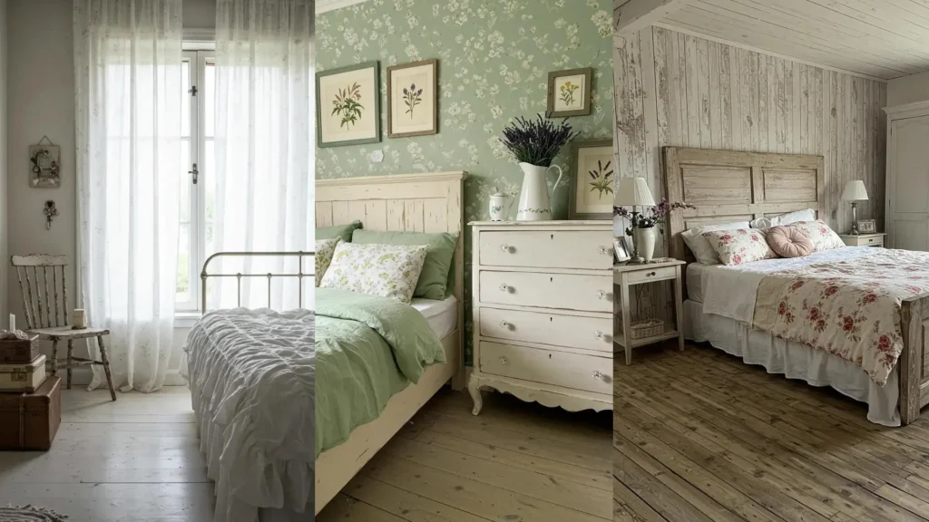 Three cozy shabby chic bedrooms featuring distressed furniture, soft floral fabrics, and romantic decor.