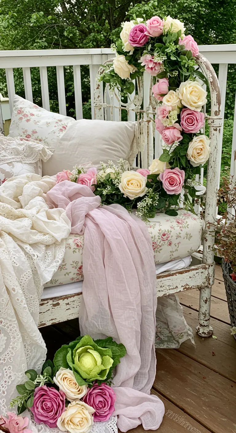 A distressed white daybed on a deck, covered in floral linens, lace, and pink roses.