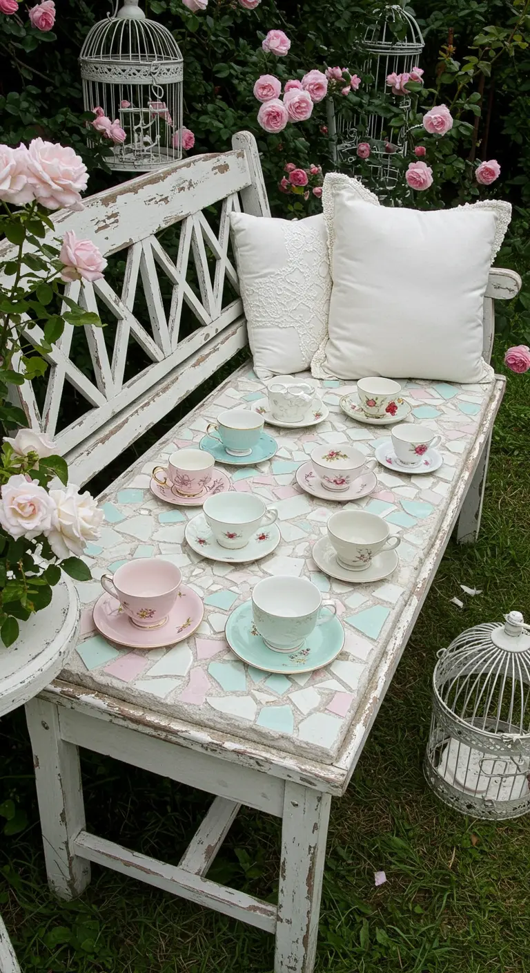A shabby chic white bench with a pastel mosaic top that has whole teacups and saucers embedded in it.
