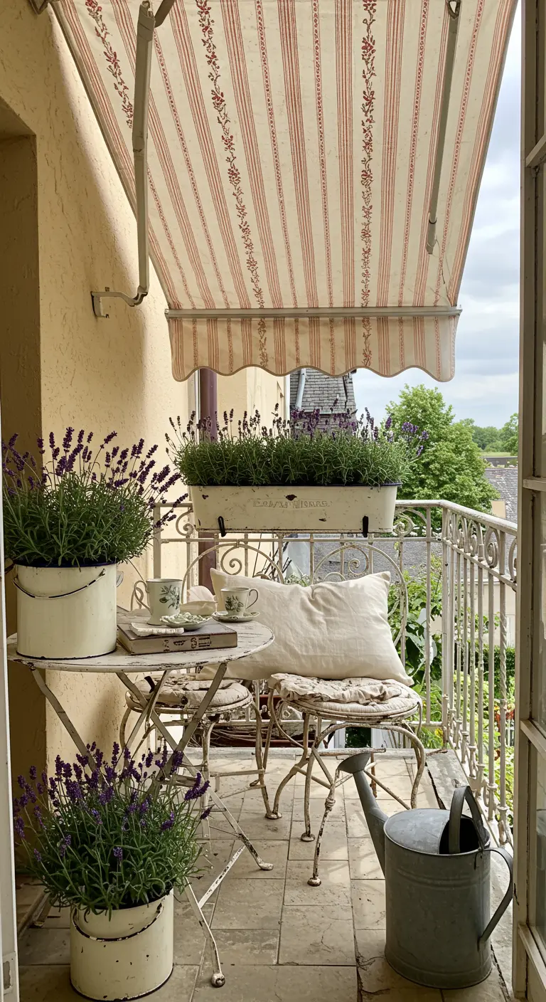 A vintage-style balcony with a distressed white bistro set and enamelware planters.