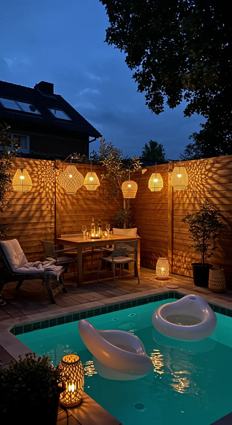Rattan lanterns casting shadows on a wooden fence next to a small pool.