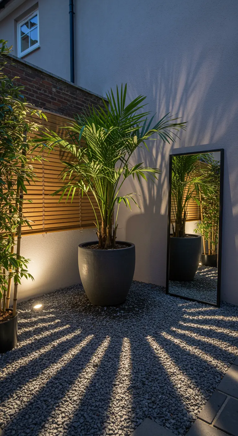 A potted palm in a gravel corner, dramatically lit from below, casting long shadows on a wall.