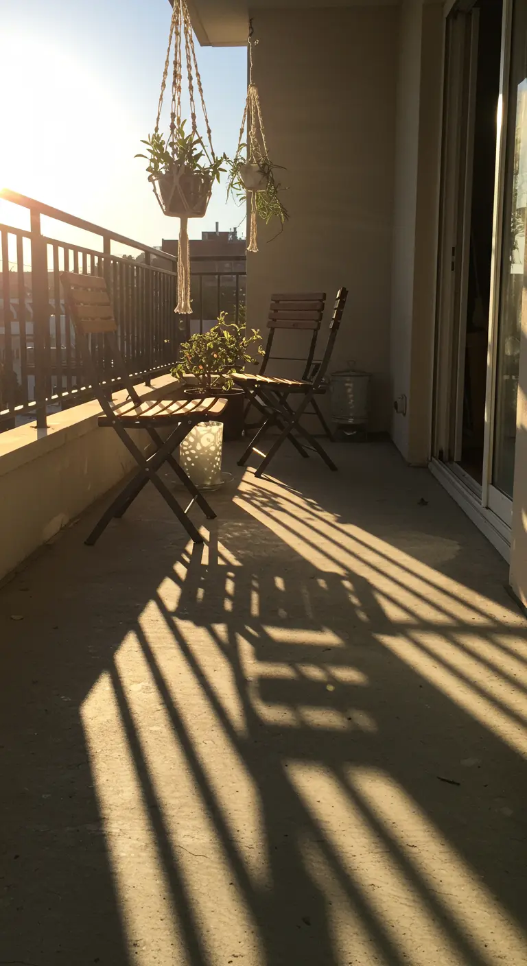 Strong shadows from the railing and chairs cast across a concrete balcony floor at sunset.