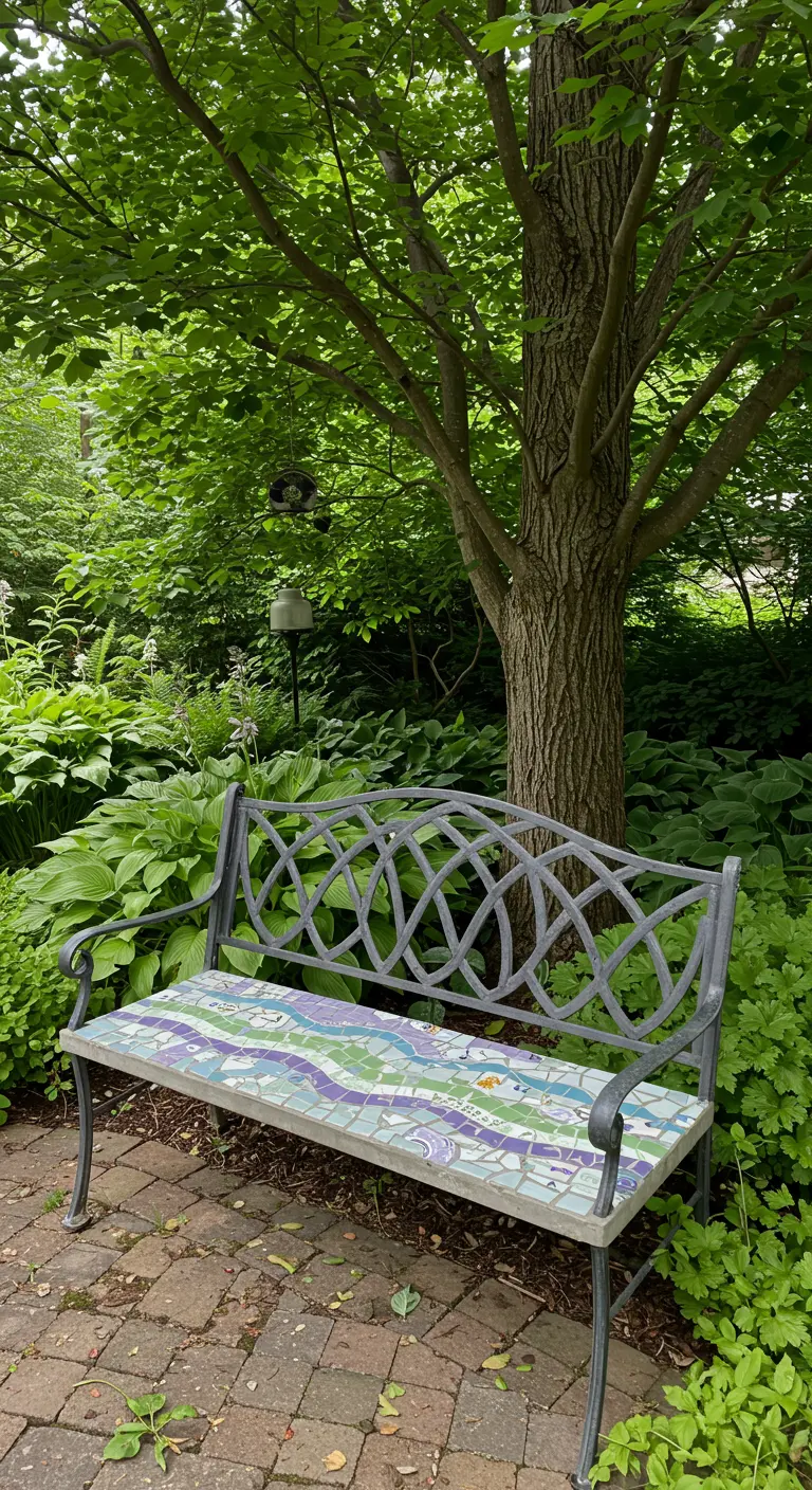 An ornate metal bench in a shady garden with a flowing mosaic of green, purple, and blue tiles.