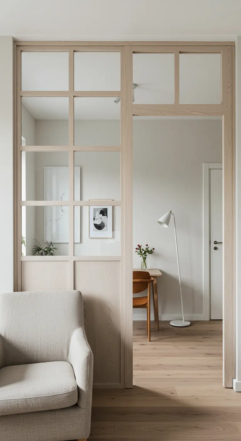 A light wood and glass partition wall separates a living space from a small study nook.