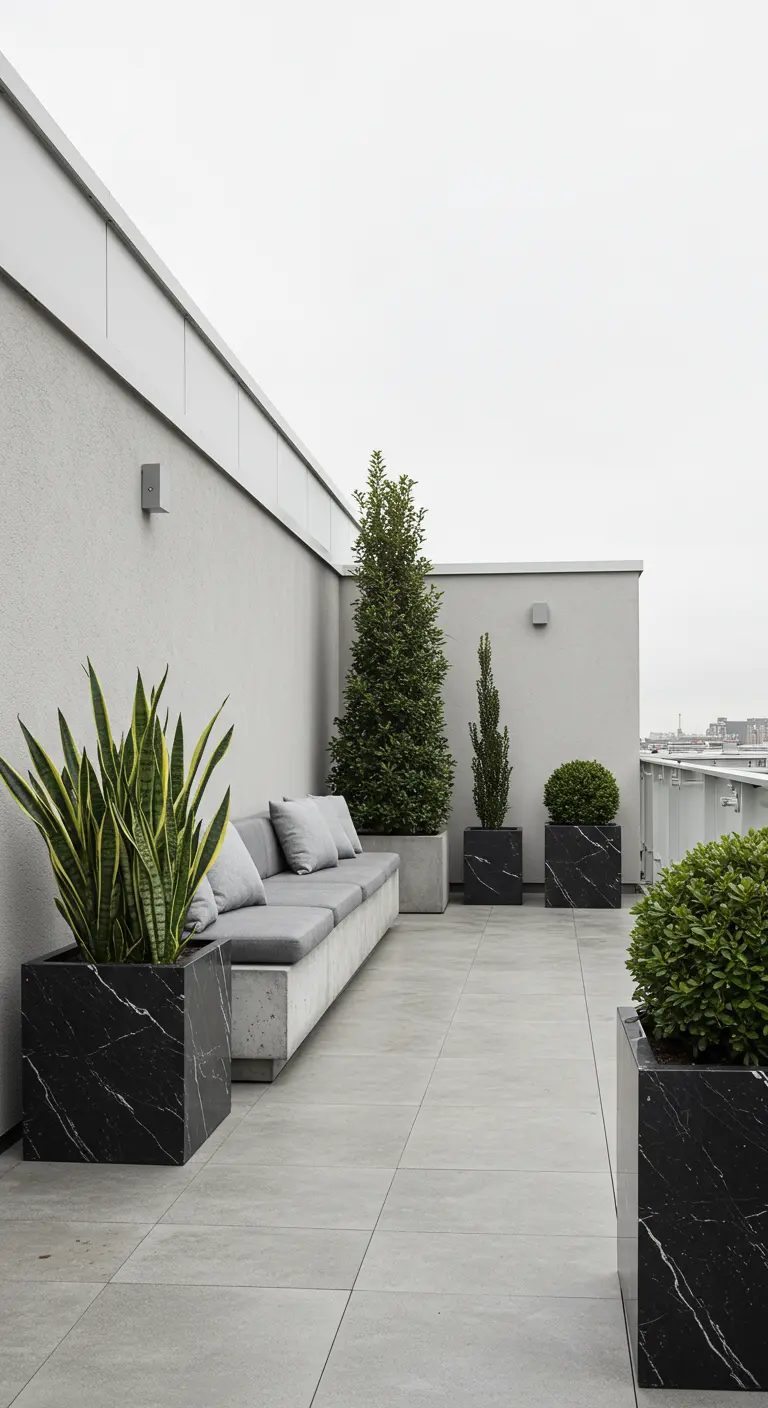 Modern rooftop terrace with black marble planters holding snake plants and evergreens.
