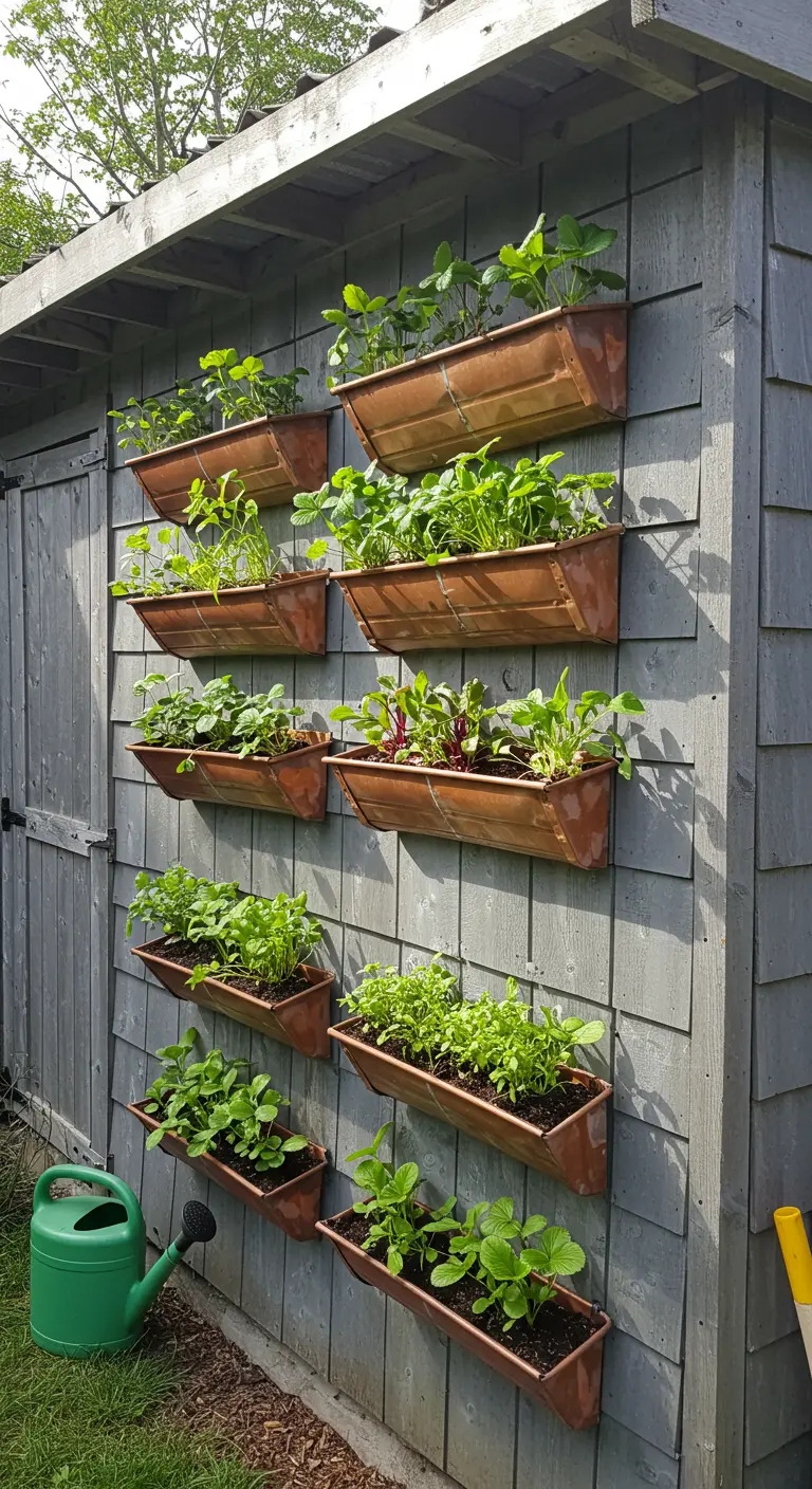 Copper vertical planters on a grey shingle shed with mixed plants