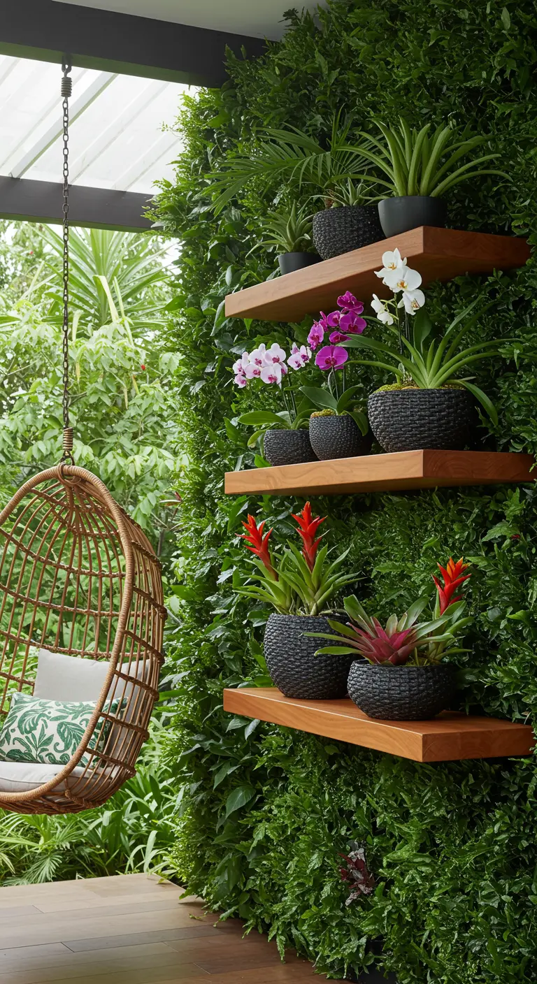 Teak shelves mounted on a dense green living wall, displaying colorful orchids and bromeliads.