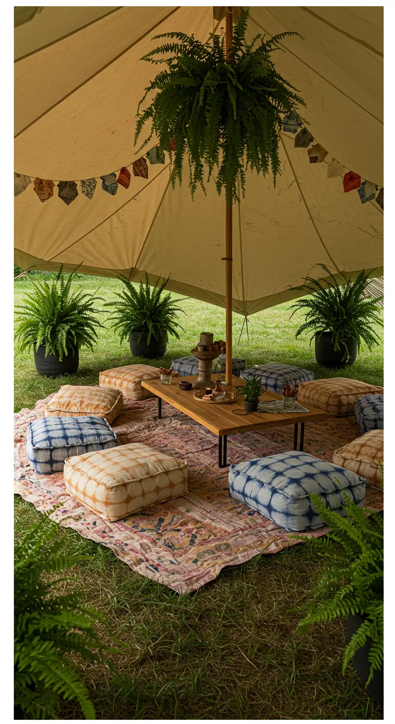 Boho tent with a hanging fern and blue and white Shibori-dyed cushions.