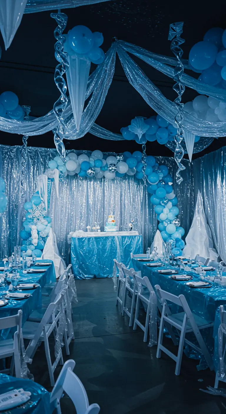 Icy blue party room with iridescent drapes, a blue balloon arch, and blue table settings.
