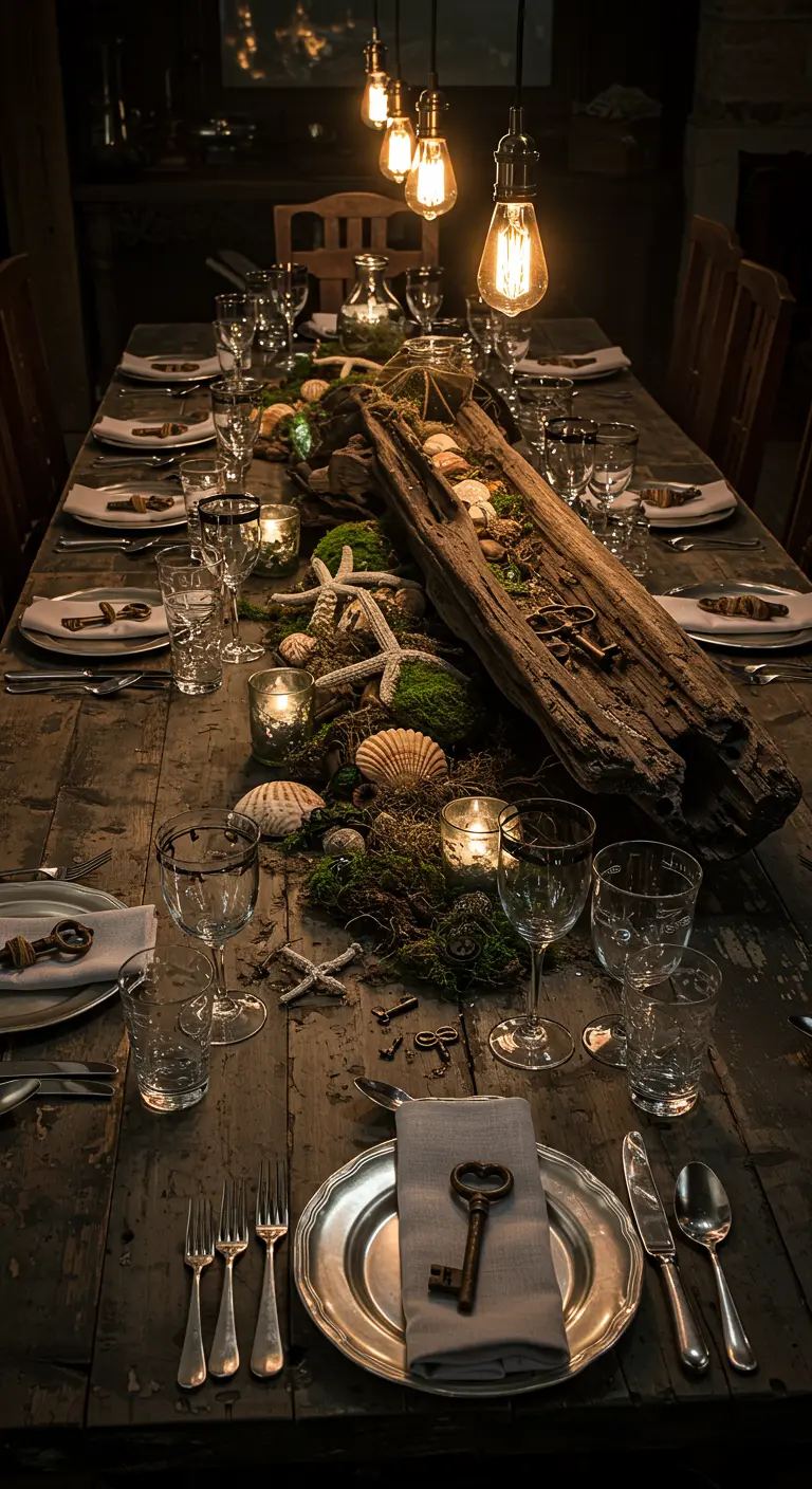 Dark, rustic table with a driftwood centerpiece, moss, shells, and old keys.