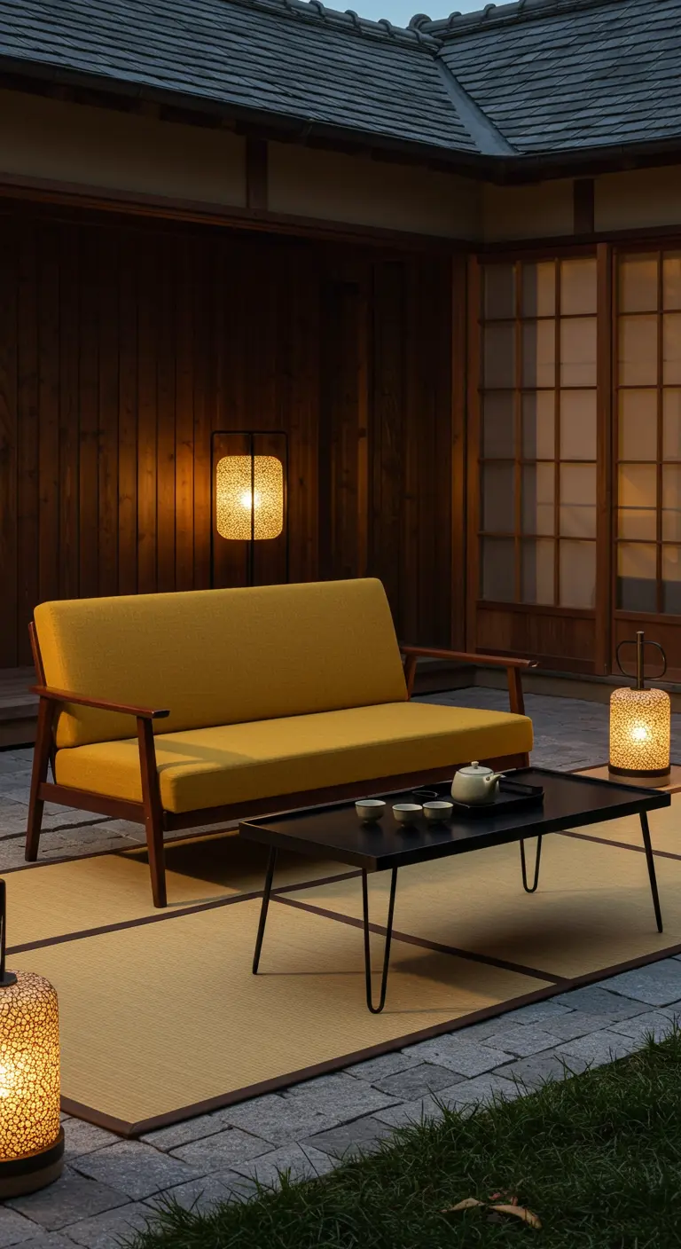 A mustard sofa on a patio with tatami mats, a black coffee table, and Japanese-style lanterns.