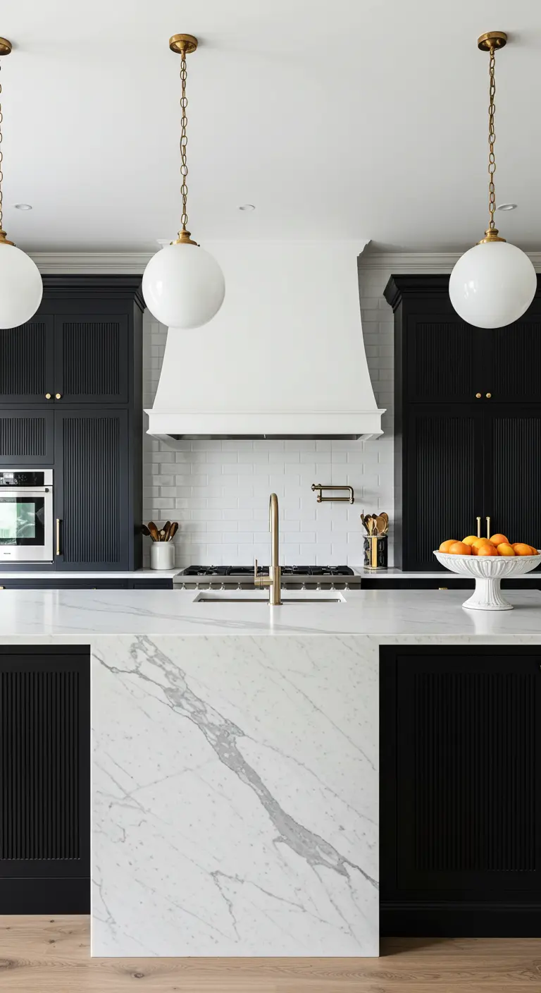 Kitchen with black fluted cabinets and a dramatic marble waterfall island.