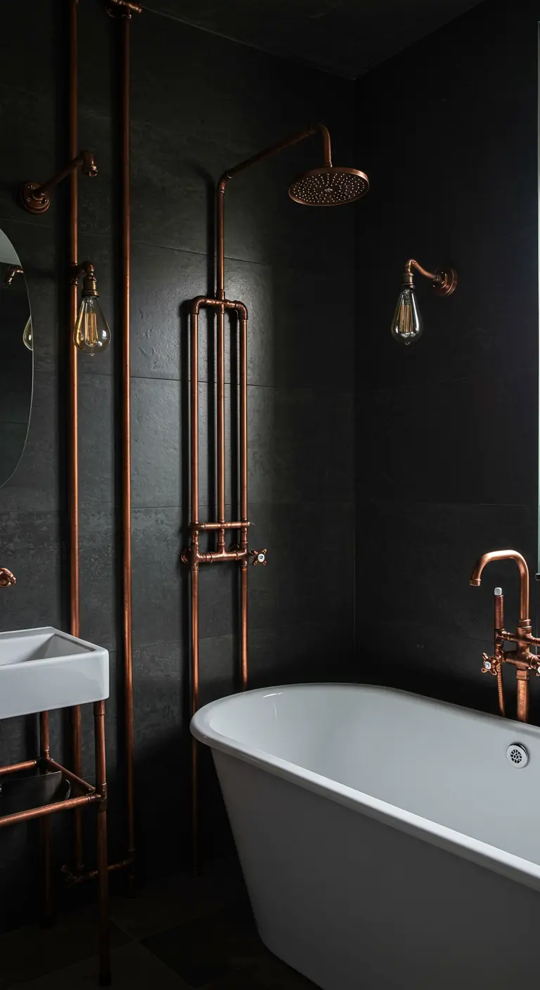 Dark bathroom with exposed copper piping for the shower and sink against charcoal tiles.