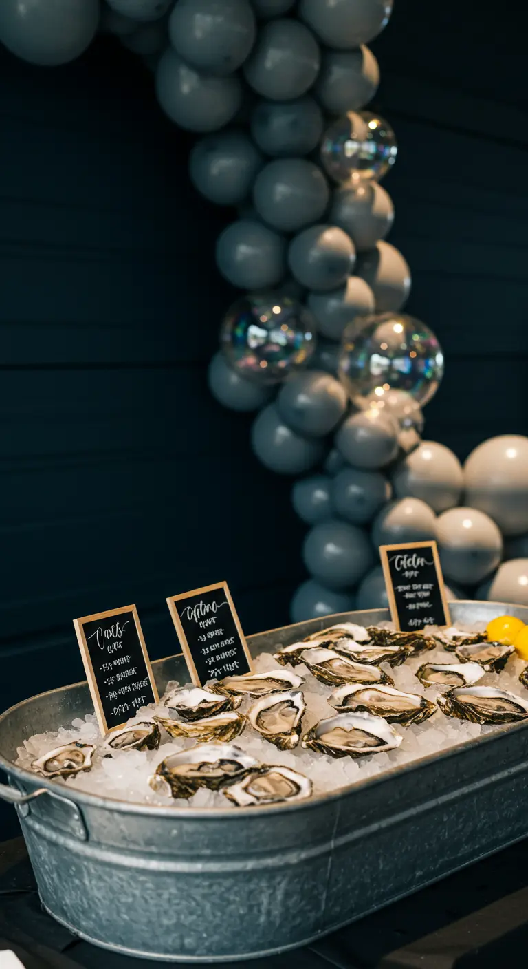 An oyster bar in a galvanized tub with a dramatic grey and silver balloon arch.