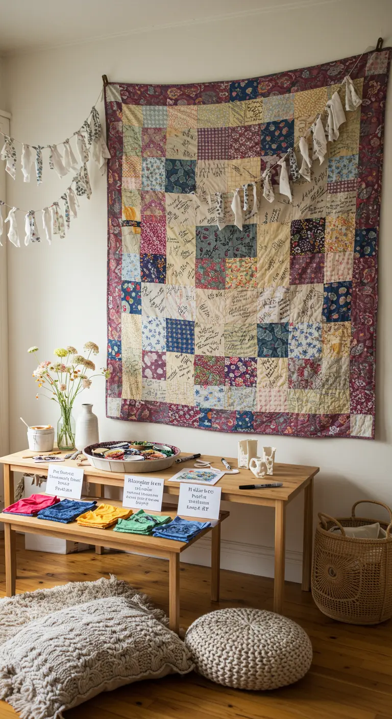 A large patchwork quilt with handwritten messages on the squares hangs on a wall.