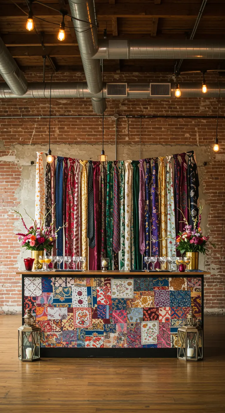 A party bar decorated with a colorful patchwork of silk scarves and a tie backdrop.