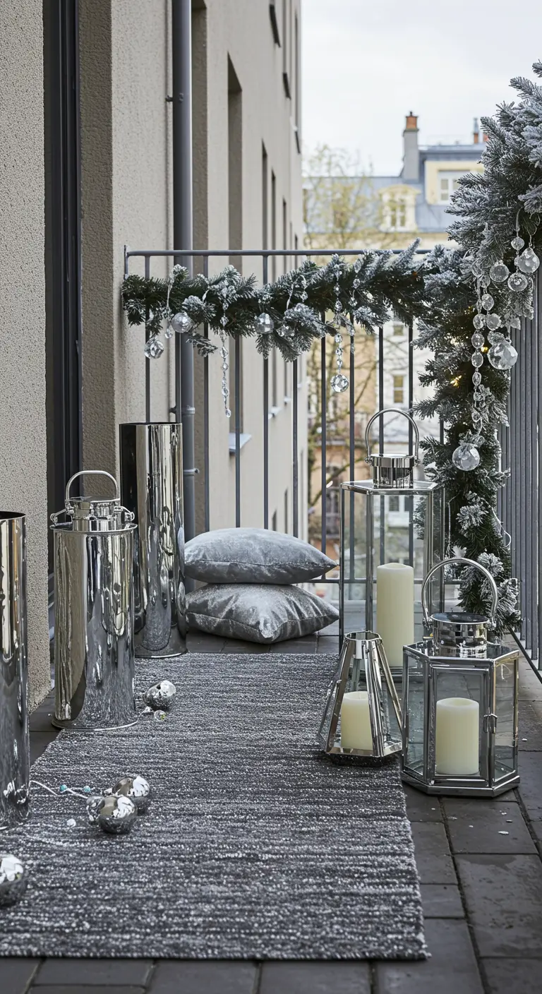A sophisticated balcony with silver lanterns, a grey rug, and a garland with silver ornaments.