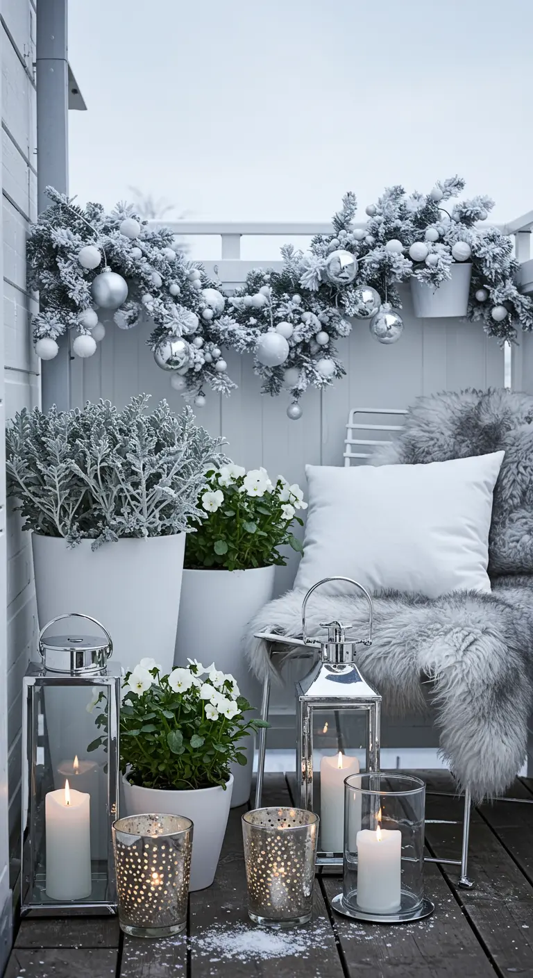 A winter balcony in white and silver, with a flocked garland and mercury glass.