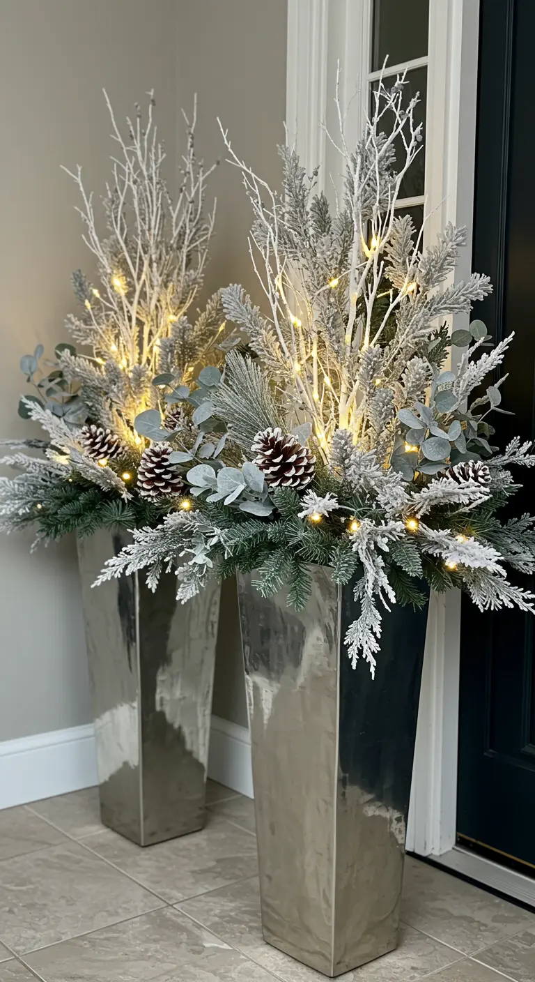 Tall silver planters with frosted white branches, eucalyptus, and pinecones.
