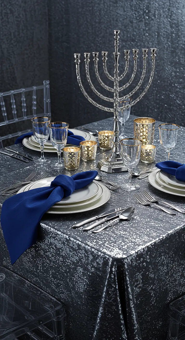 A glamorous Hanukkah table with a dark silver sequin tablecloth and navy blue napkins.