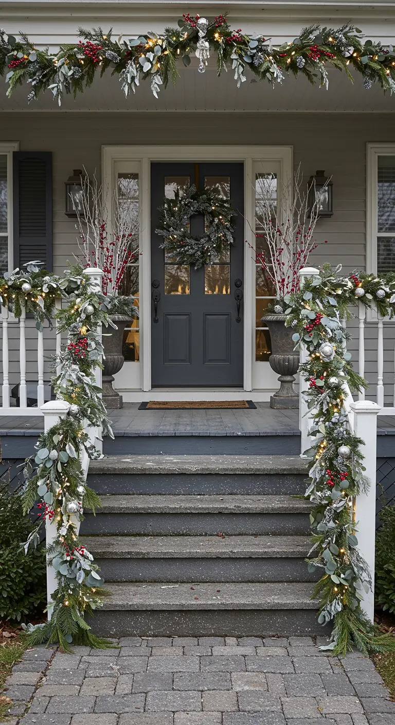 A front porch decorated with elegant garlands of eucalyptus, berries, and silver ornaments.