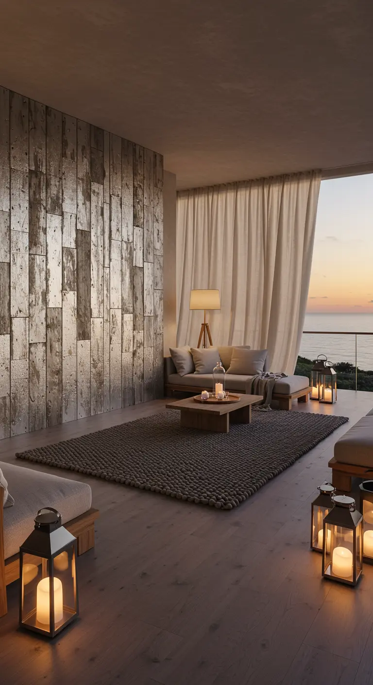 A spacious terrace at dusk with a silvered wood wall, gray sofa, and many glowing lanterns.