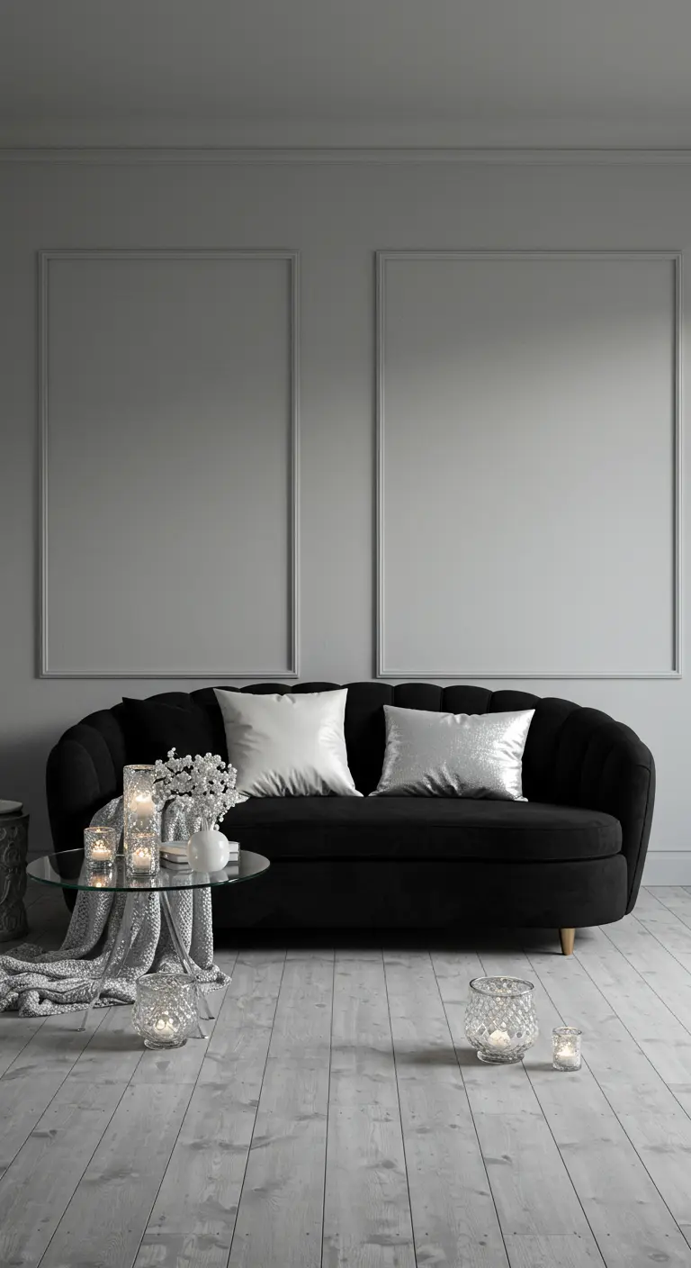 An elegant interior with a black sofa, silver pillows, and simple rectangular molding on the grey wall.