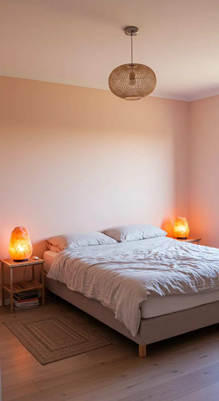 A simple bedroom with soft peach walls and glowing Himalayan salt lamps on the nightstands.