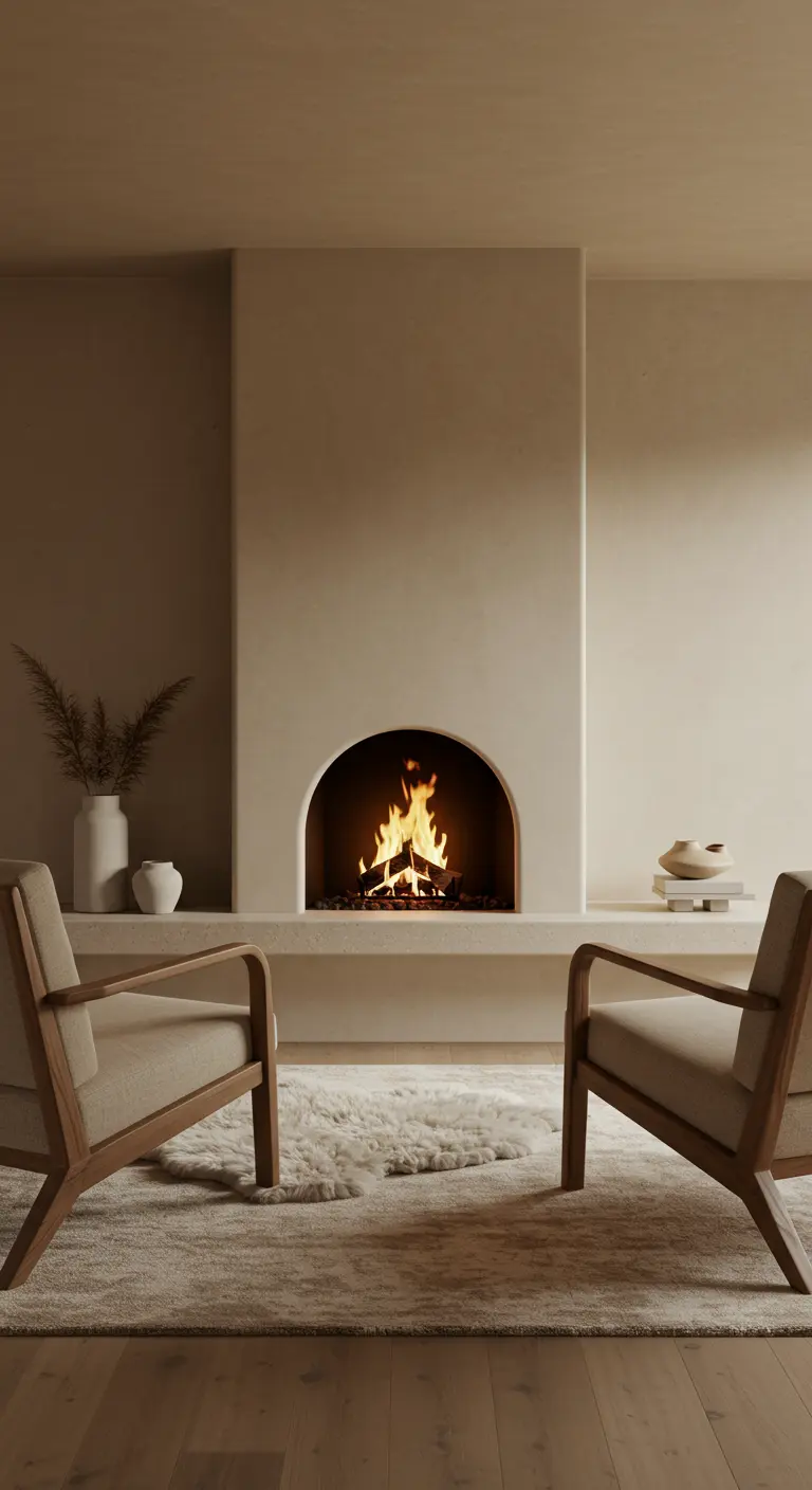 A minimalist fireplace with a smooth plaster finish, an arched opening, and a low hearth.