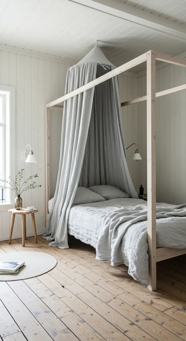 Scandinavian-style bedroom with a light wood canopy bed and a grey linen canopy.