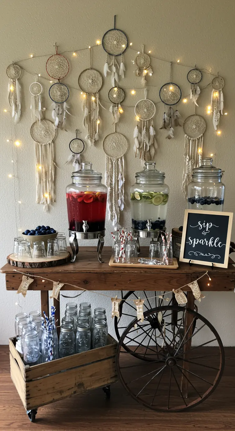 A drink station with large glass dispensers and a wall of dreamcatchers lit by fairy lights.