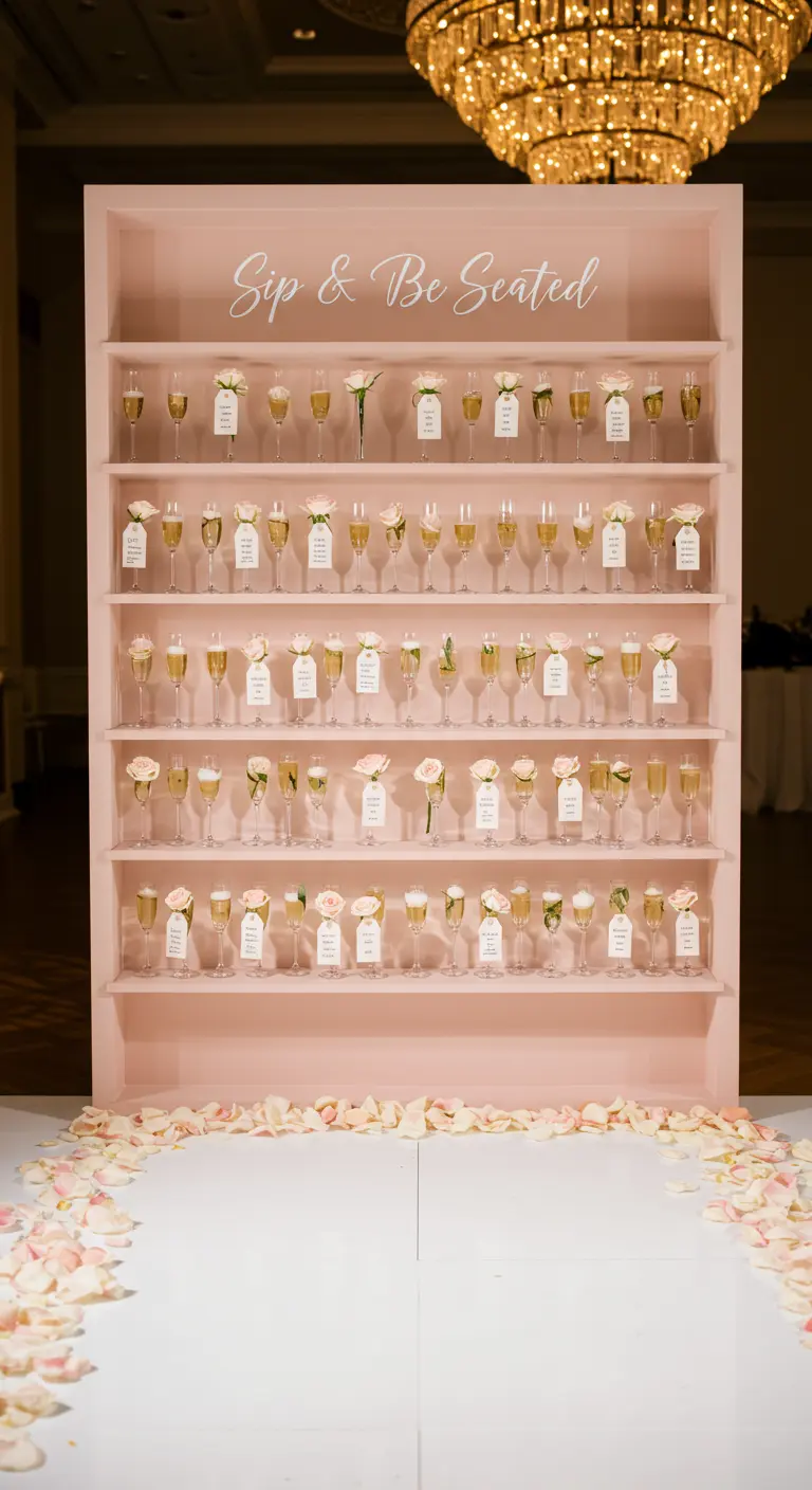 A blush pink shelf holding champagne flutes with escort card tags and roses.
