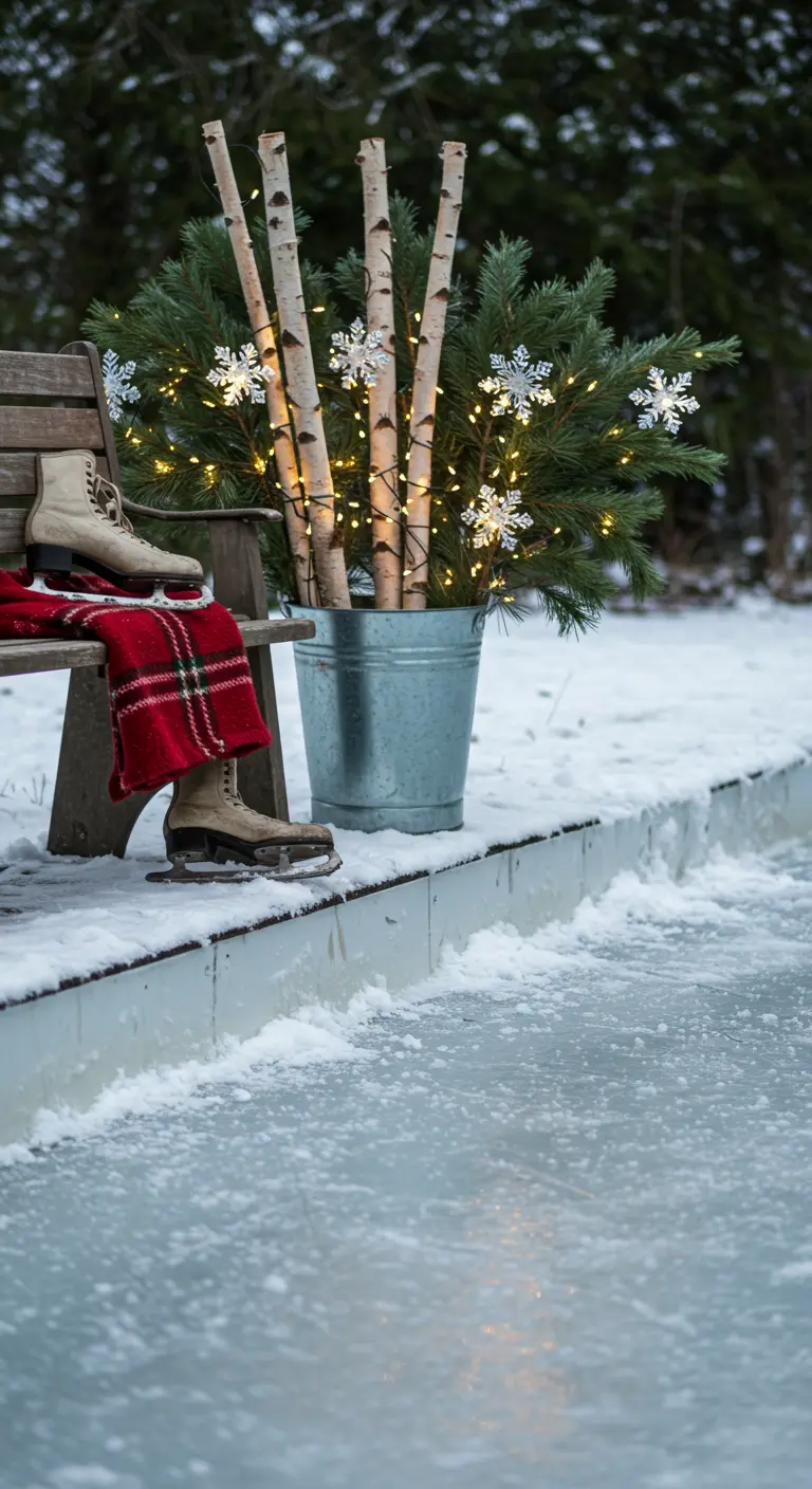 A bench by an ice rink with a plaid blanket, ice skates, and a bucket of pine and birch.