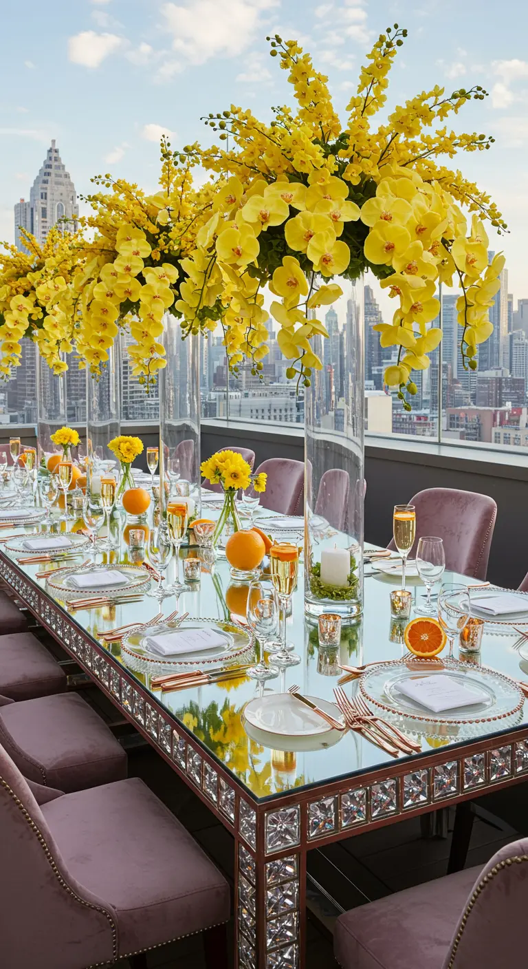 A glamorous rooftop table with a mirrored top and towering yellow orchid centerpieces.