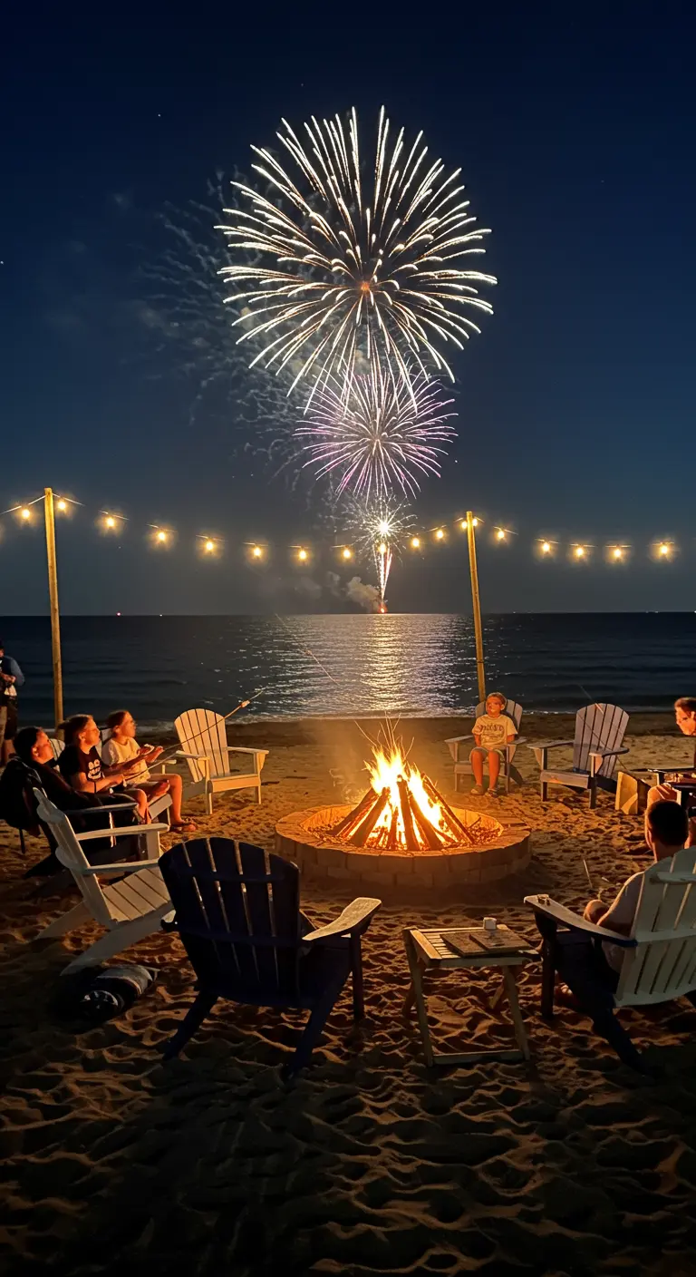 A group of friends sits around a bonfire on a sandy beach at night, with fireworks exploding overhead.